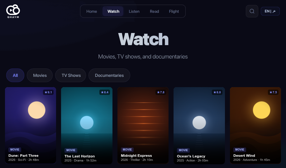 Watch screen with movie and TV grid